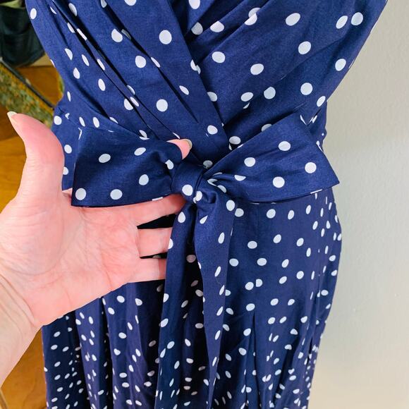 Evan Picone Size 14 Women's Polka Dot Wrap Fit & Flare Navy Blue White Retro - Picture 5 of 11